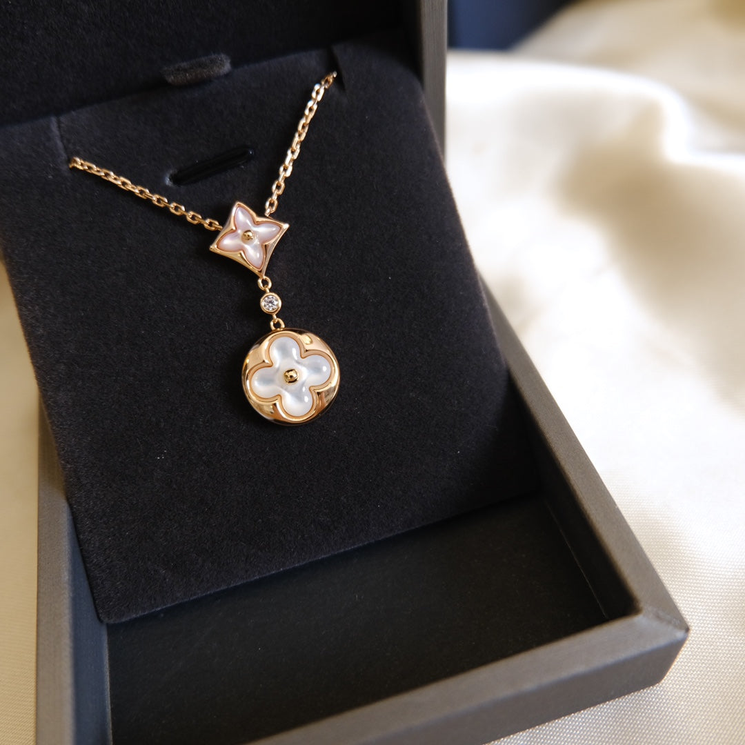 [Rosla Jewelry]STAR AND SUN WHITE MOP 2 MOTIF PINK GOLD NECKLACE